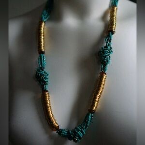 Turquoise seed bead necklace with gold-toned metal